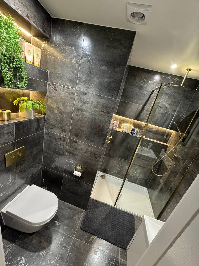 After: Shower room to dark tiles and brushed brass, Aquafix Services Leeds