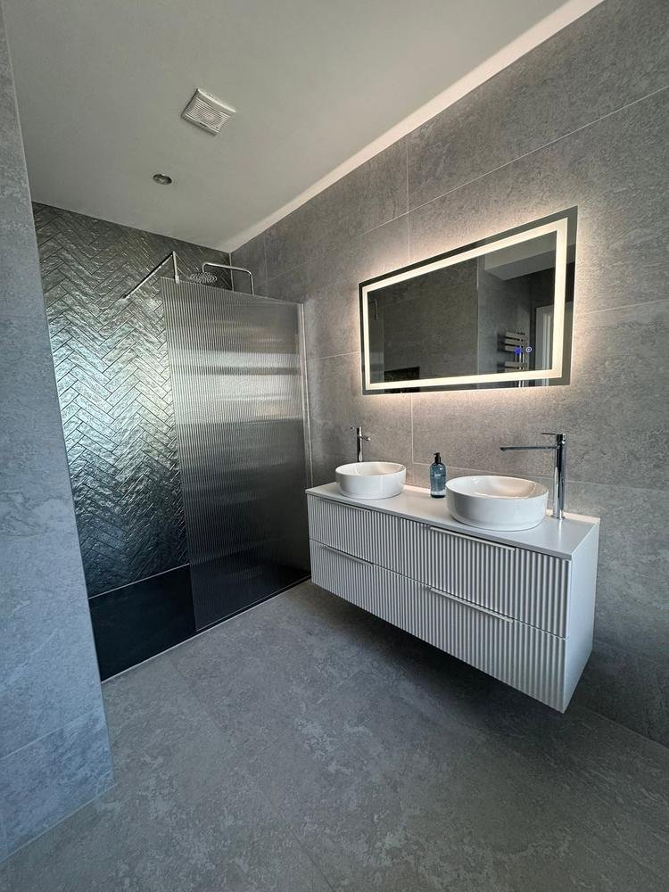 Double basin vanity and walk-in shower, Aquafix Services Leeds